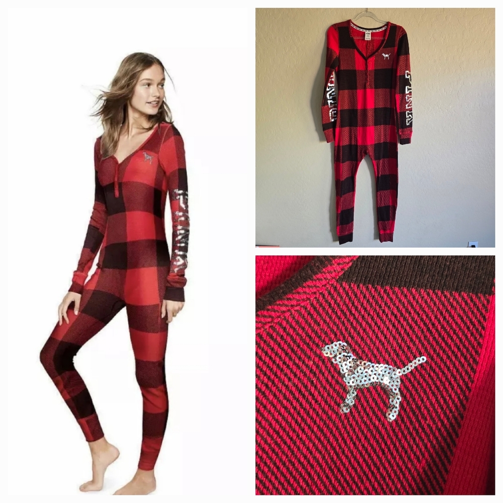 Victoria's Secret PINK Red Plaid Onesie Bling Medium
